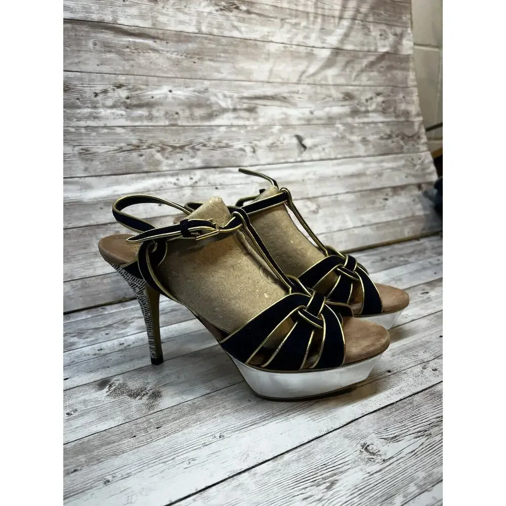 Saint Laurent YSL Tribute Platform Leather Sandal Heels Sizd EU 37.5 - Picture 2 of 11